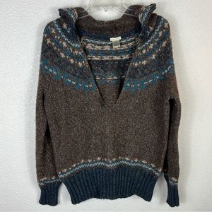 Boho brown hooded pullover knit sweater early 2000s w 70s style trim cozy hood